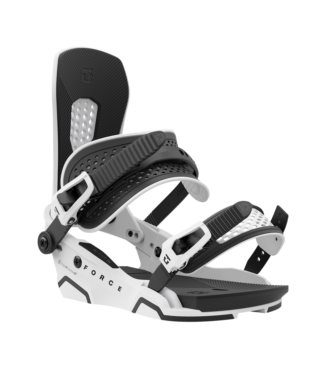 Union force 23/24 model snowboard bindings, matt white with black adjustable straps. black union force logos