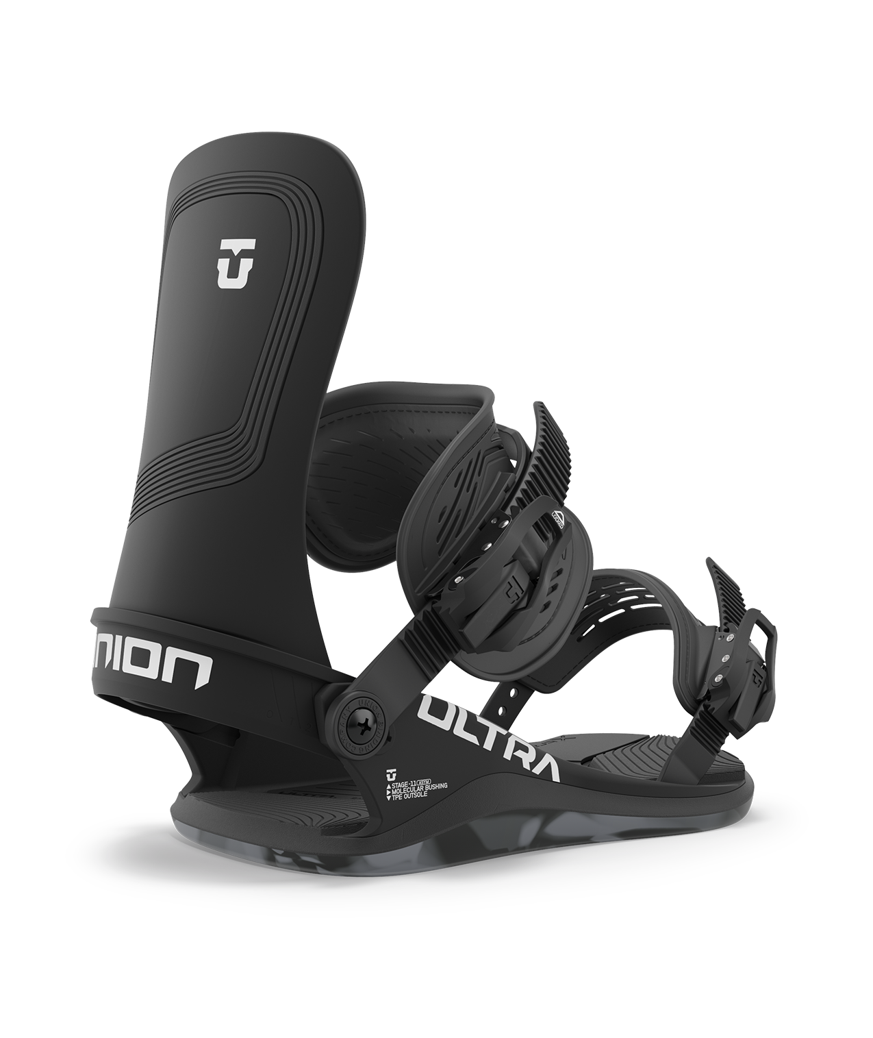 Union ultra 23/24 model snowboard bindings, matt black with black adjustable straps. white union ultra logos