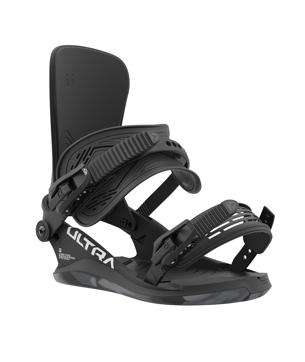 Union ultra 23/24 model snowboard bindings, matt black with black adjustable straps. white union ultra logos