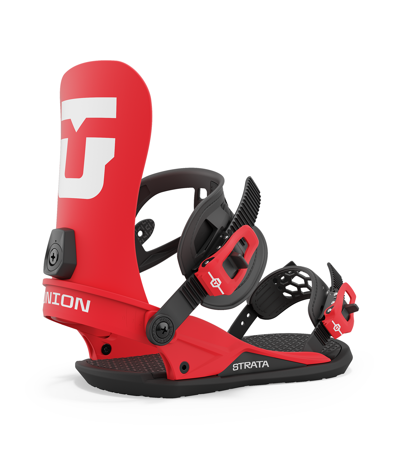 Union strata 23/24 model snowboard bindings, matt red with black adjustable straps. white union strata logos