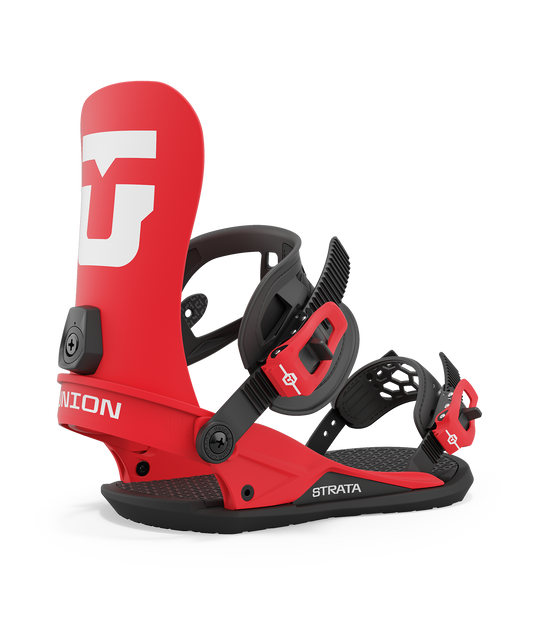 Union strata 23/24 model snowboard bindings, matt red with black adjustable straps. white union strata logos