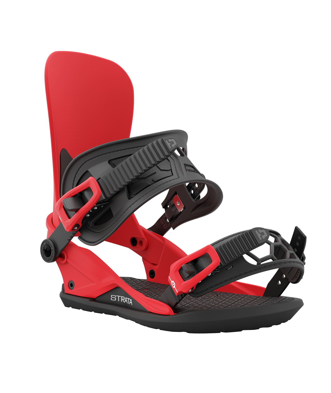 Union strata 23/24 model snowboard bindings, matt red with black adjustable straps. white union strata logos