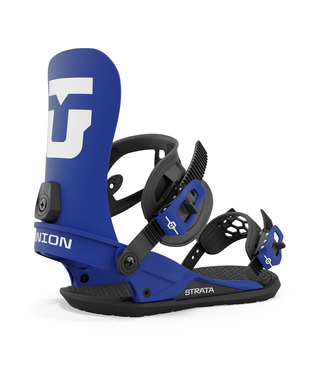 Union strata 23/24 model snowboard bindings, matt blue with black adjustable straps. white union strata logos