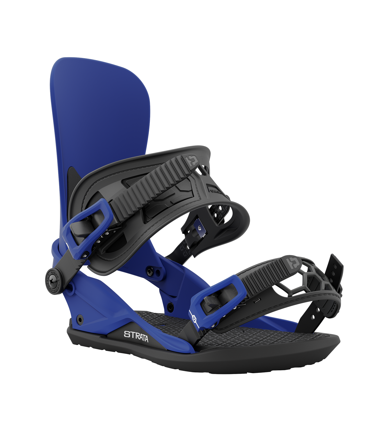 Union strata 23/24 model snowboard bindings, matt blue with black adjustable straps. white union strata logos