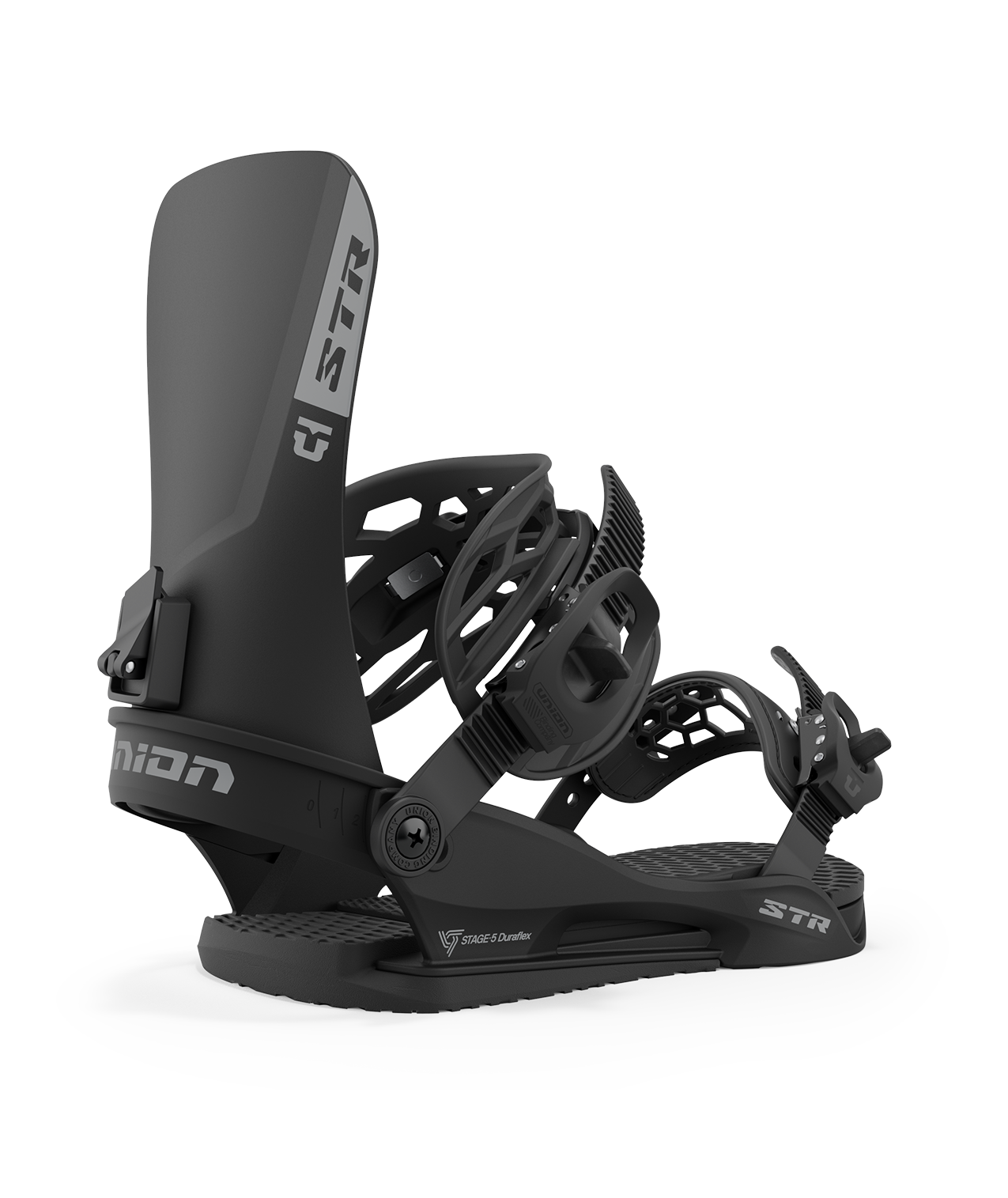 Union str 23/24 model snowboard bindings, matt white with black adjustable straps. grey union str logos