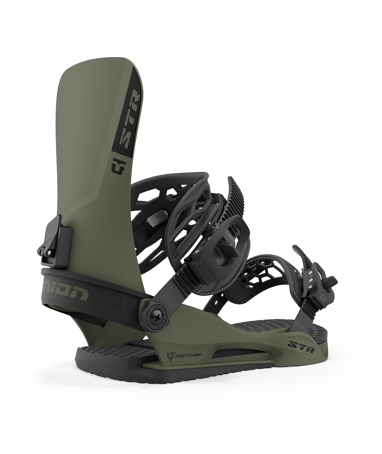 Union str 23/24 model snowboard bindings, matt dark green with black adjustable straps. black union str logos