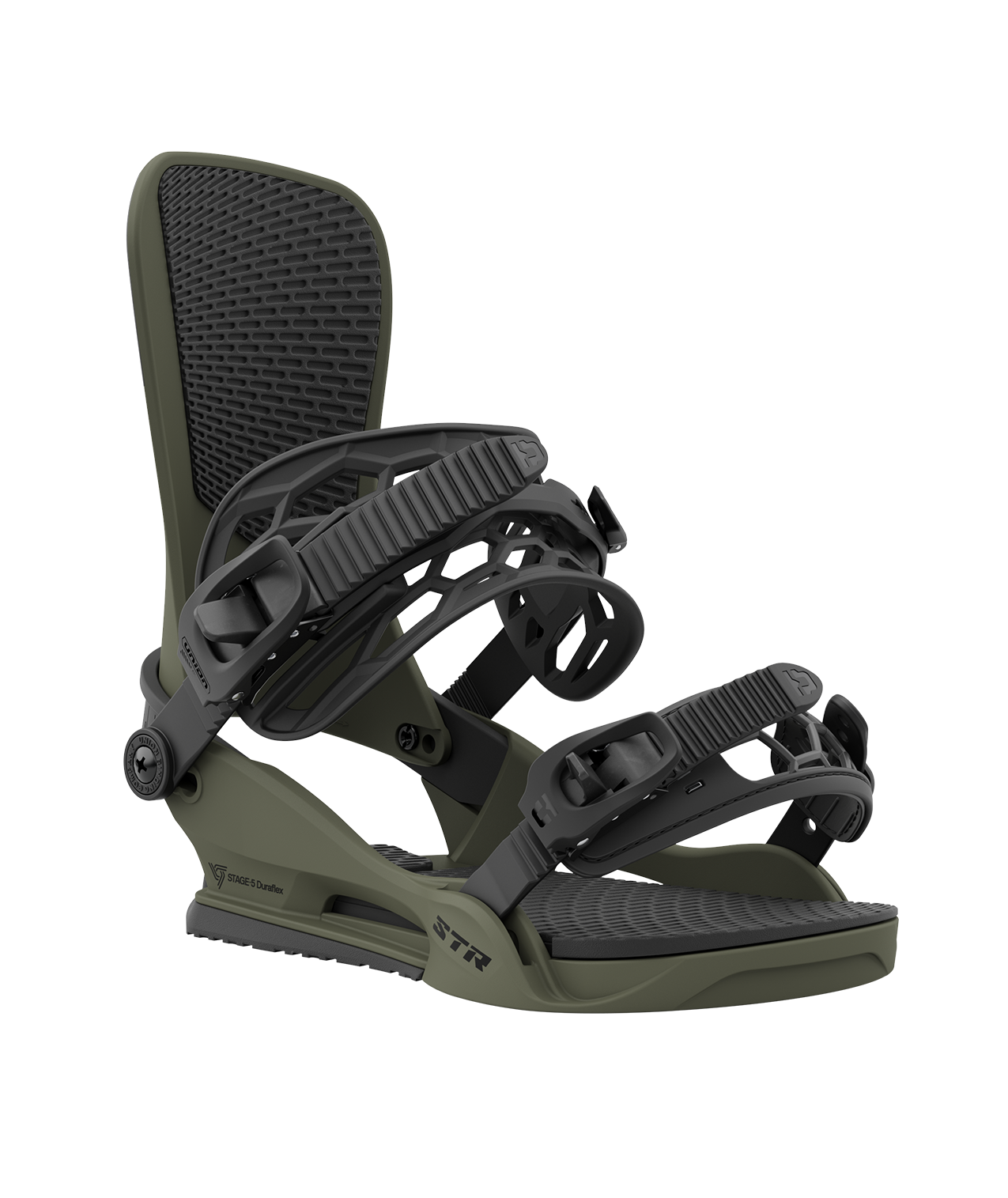 Union str 23/24 model snowboard bindings, matt dark green with black adjustable straps. black union str logos