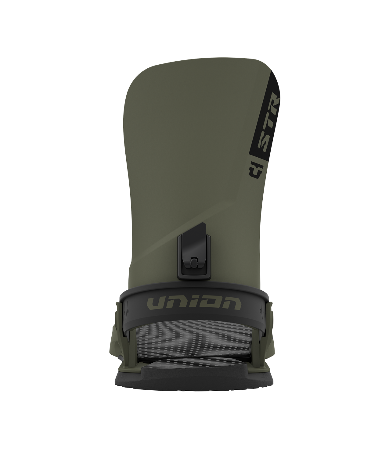 Union str 23/24 model snowboard bindings, matt dark green with black adjustable straps. black union str logos