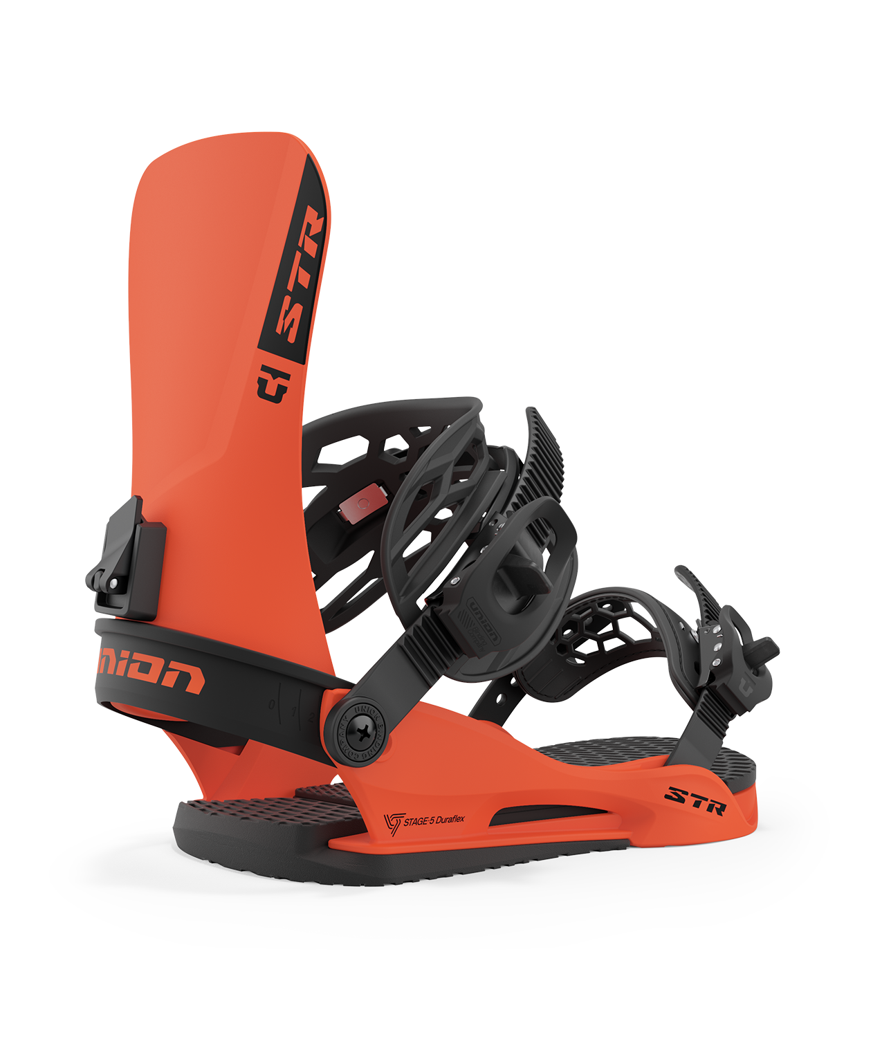 Union str 23/24 model snowboard bindings, matt hunter orange with black adjustable straps. black union str logos 