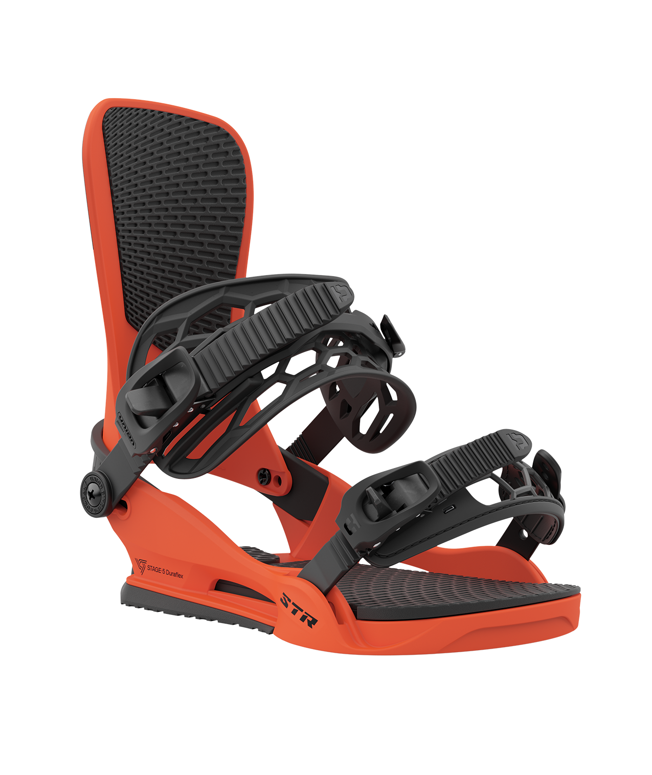 Union str 23/24 model snowboard bindings, matt hunter orange with black adjustable straps. black union str logos 