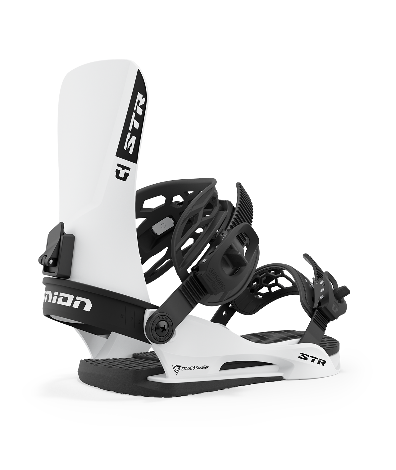 Union str 23/24 model snowboard bindings, matt white with black adjustable straps. black union str logos