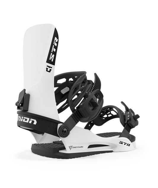 Union str 23/24 model snowboard bindings, matt white with black adjustable straps. black union str logos