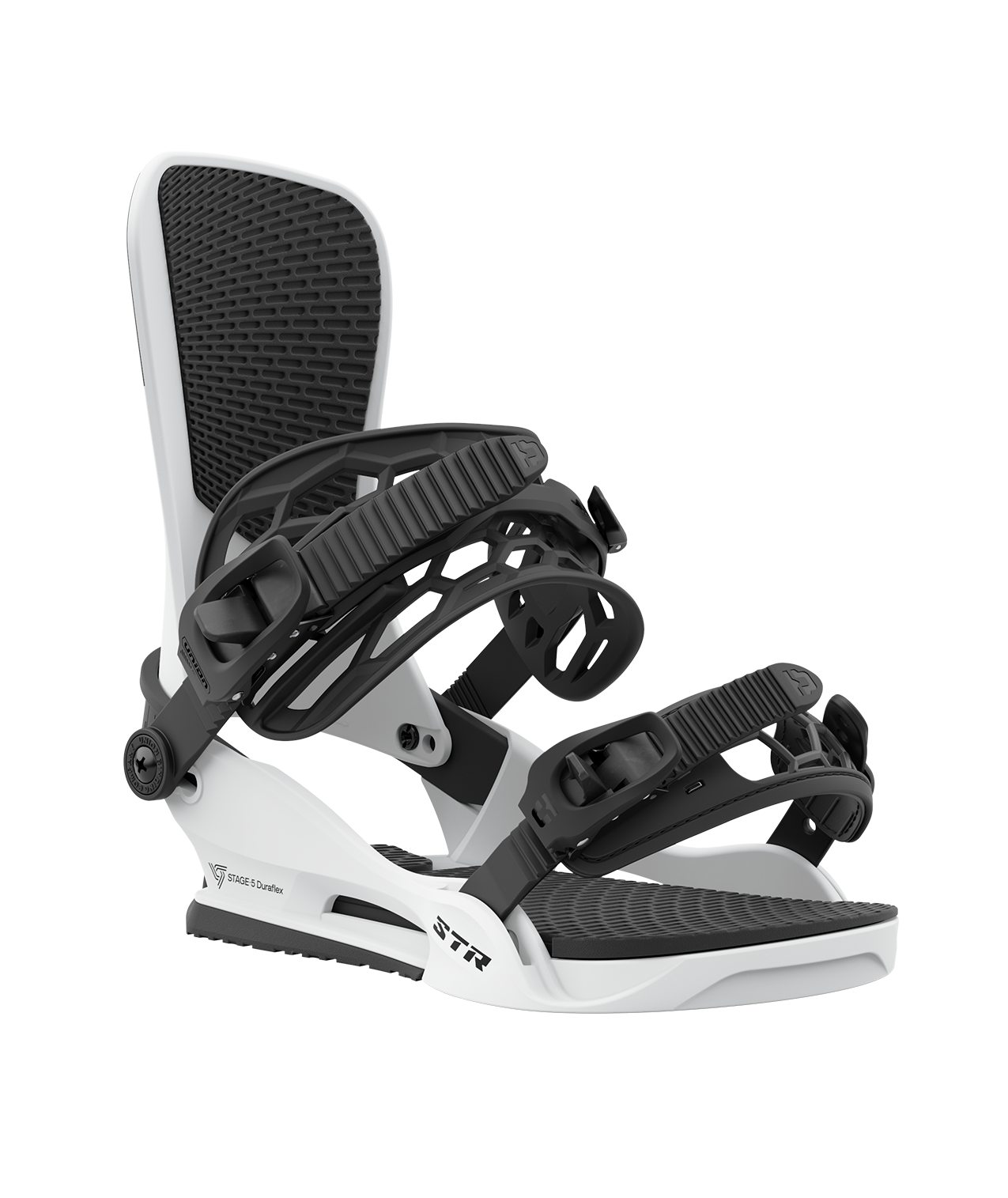 Union str 23/24 model snowboard bindings, matt white with black adjustable straps. black union str logos