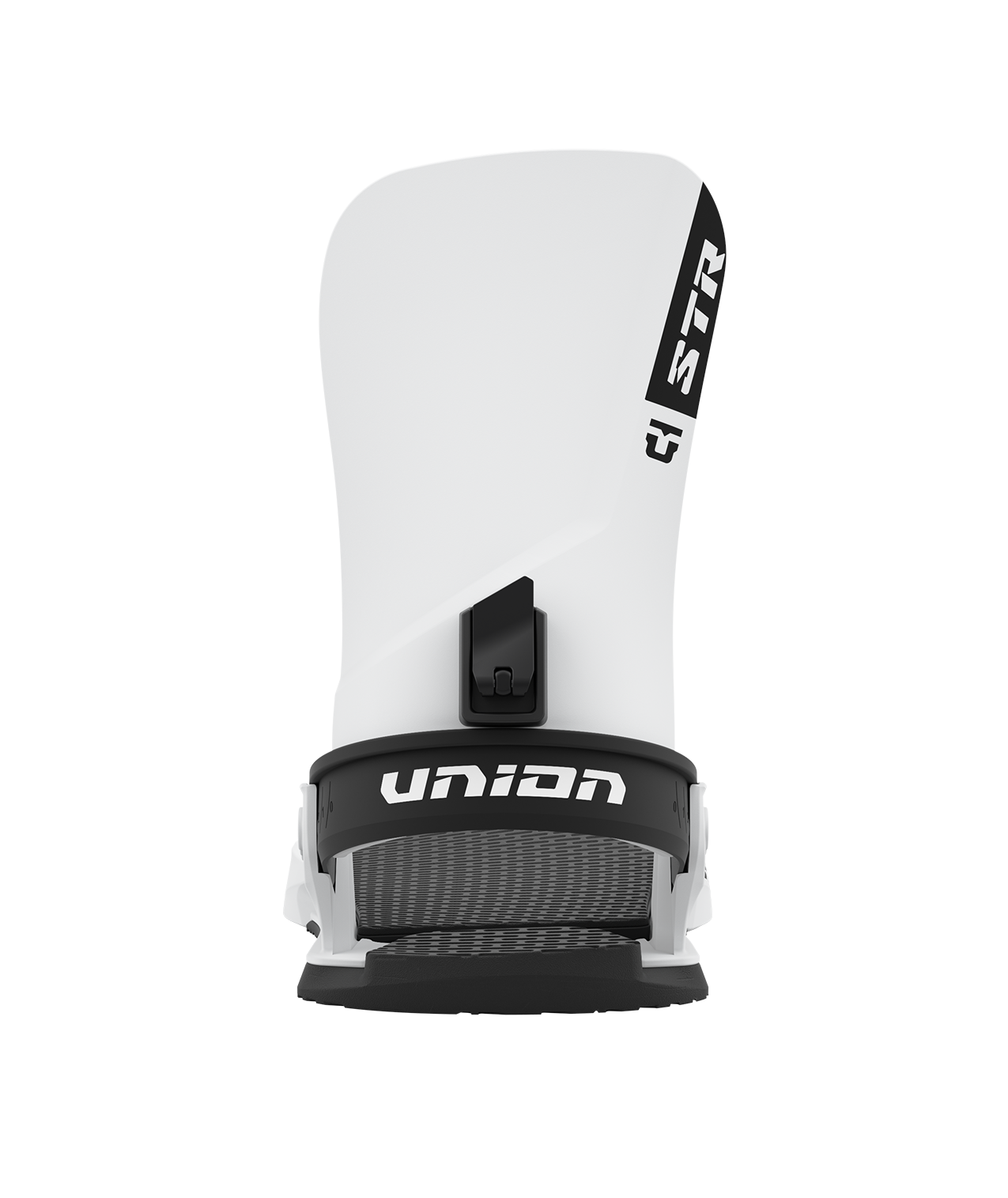 Union str 23/24 model snowboard bindings, matt white with black adjustable straps. black union str logos