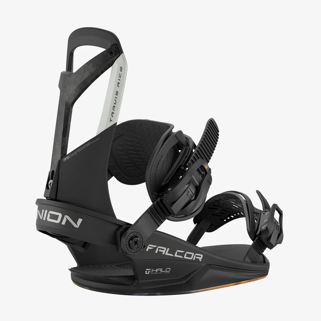 Black snowboard binding with visible branding on a white background