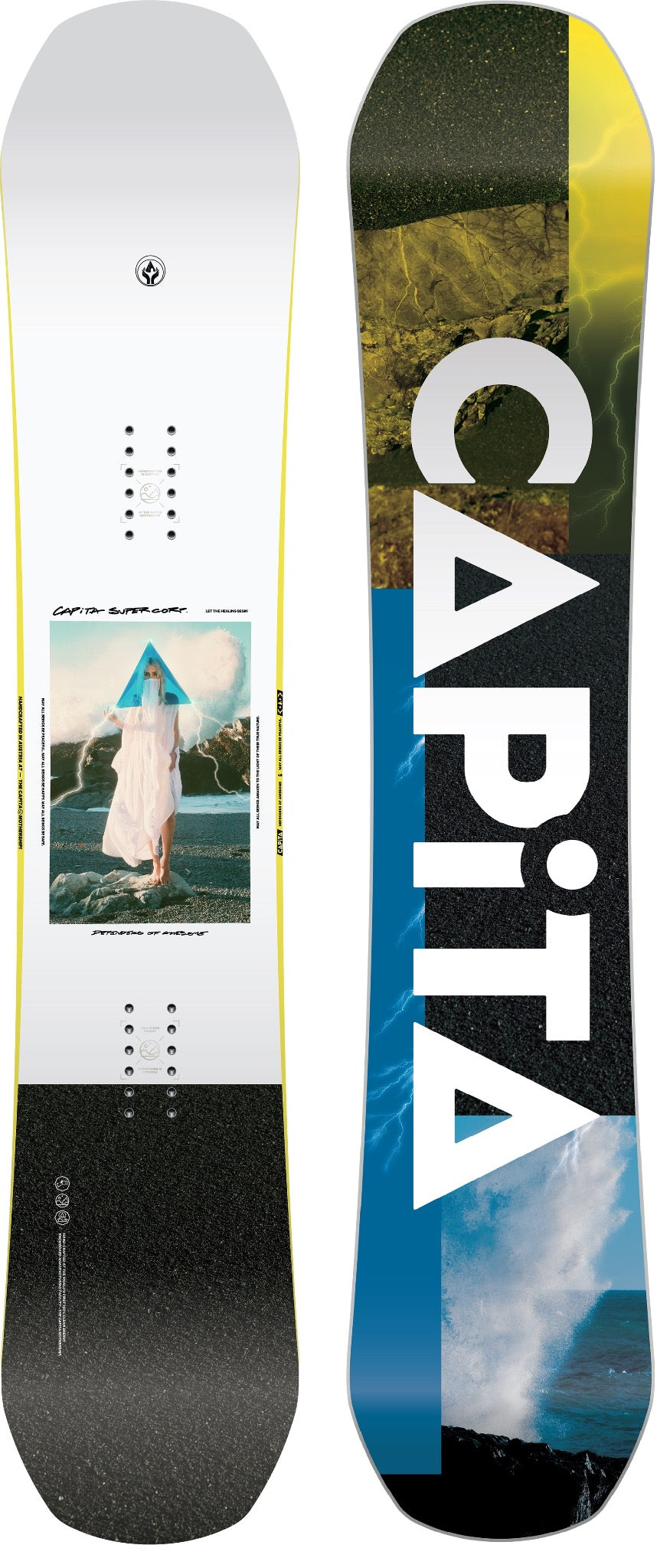 Capita Defenders of awesome snowboard photo of top and bottom, top is largely white with a graphic of a woman in a flowing dress in the middle. bottom is multicoloured with capita writing large. 