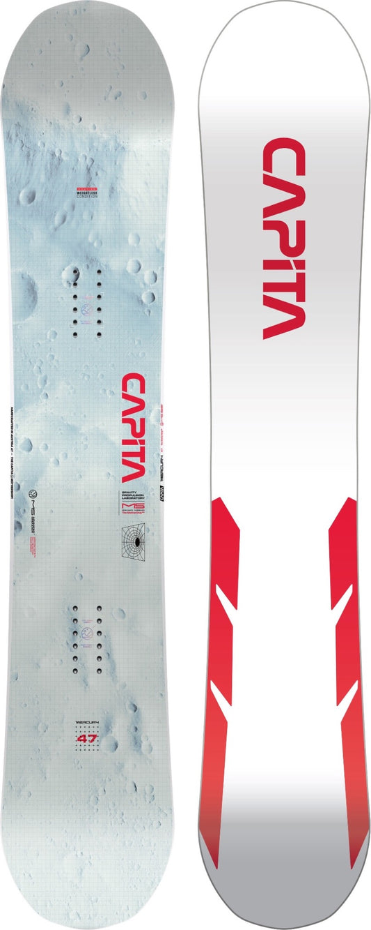 Capita Mercury 2024 Snowboard image. top has moon crater effect print with red writing. bottom is flat white with red chevrons on the edges and red capita writing. 