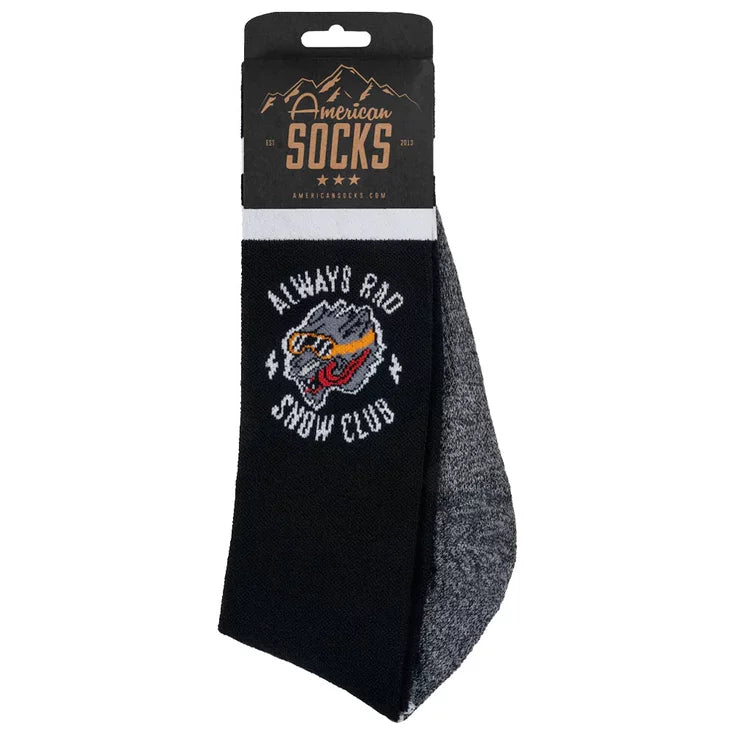 american socks snowboard socks.. black with grey soles, two white bands around the top and a wolf logo that says 'always rad  snow club'