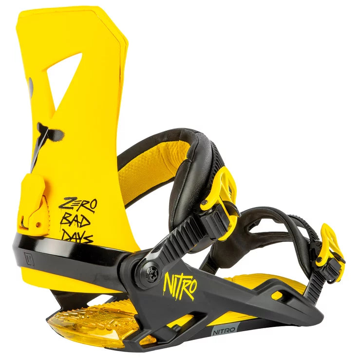 nitro zero bad days snowboard bindings, black body with a yellow highjack and base. black adjustable straps and black graffiti effect nitro logos.