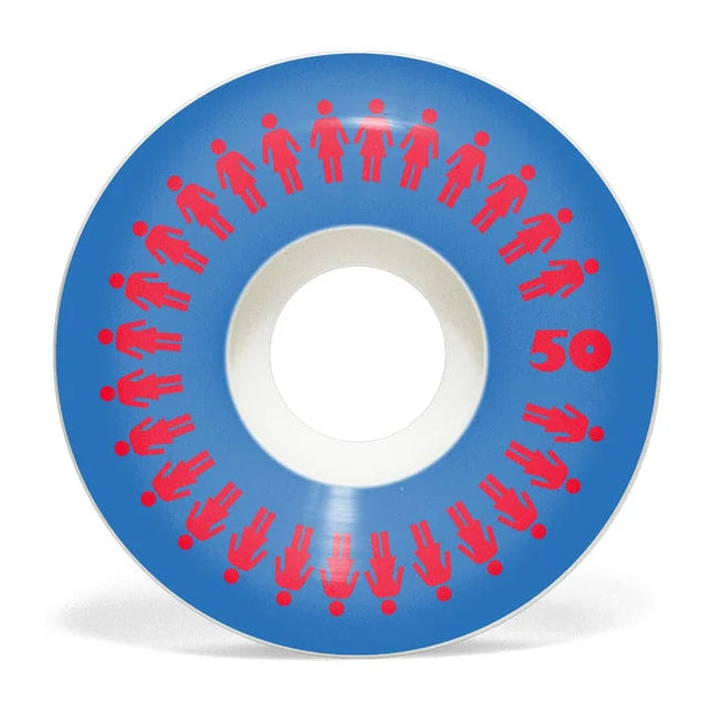 A single skateboard wheel with a blue outer barrel, decorated with a circular pattern of small red human figures, and a white center hub, shown on a plain white background.