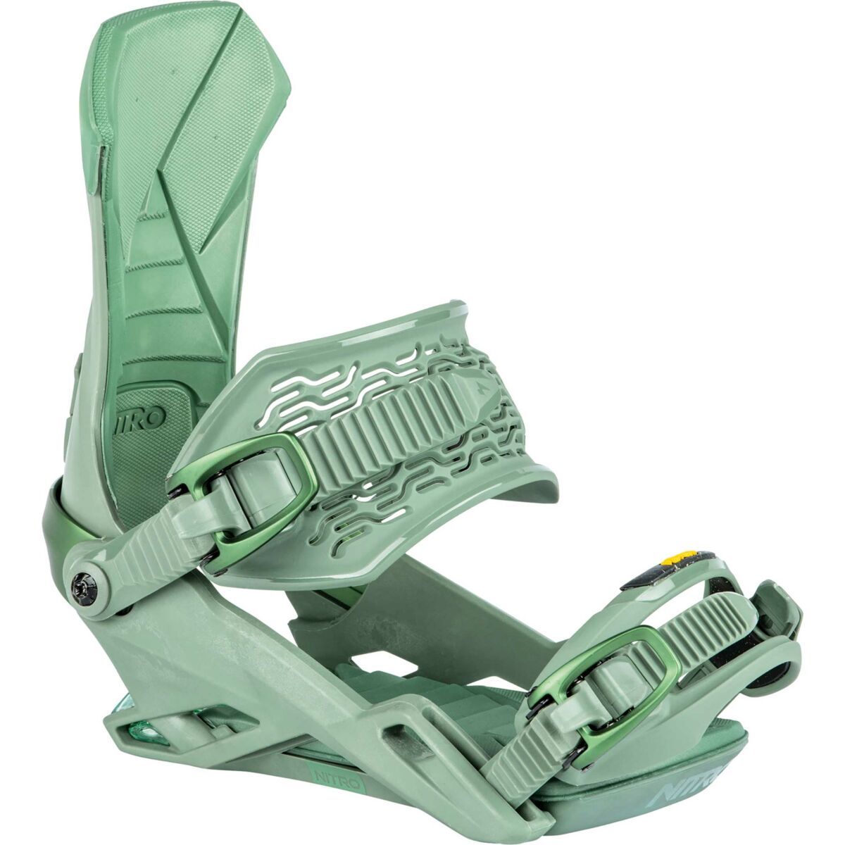 nitro team, factory craft snowboard bindings. matt green with green adjustable straps and white logos