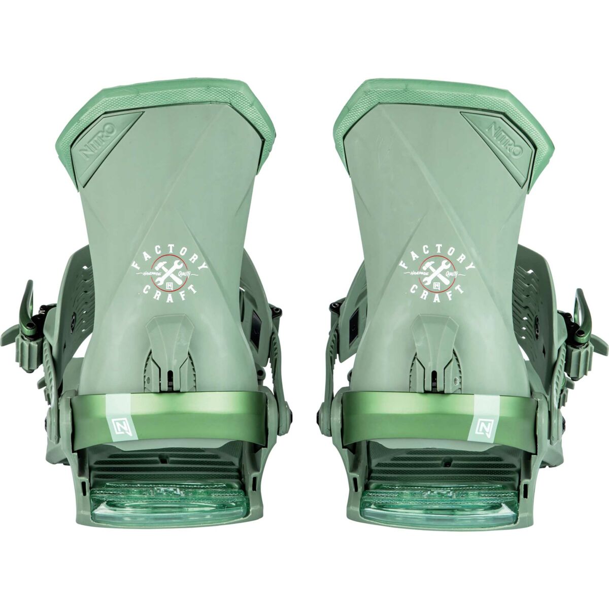 nitro team, factory craft snowboard bindings. matt green with green adjustable straps and white logos